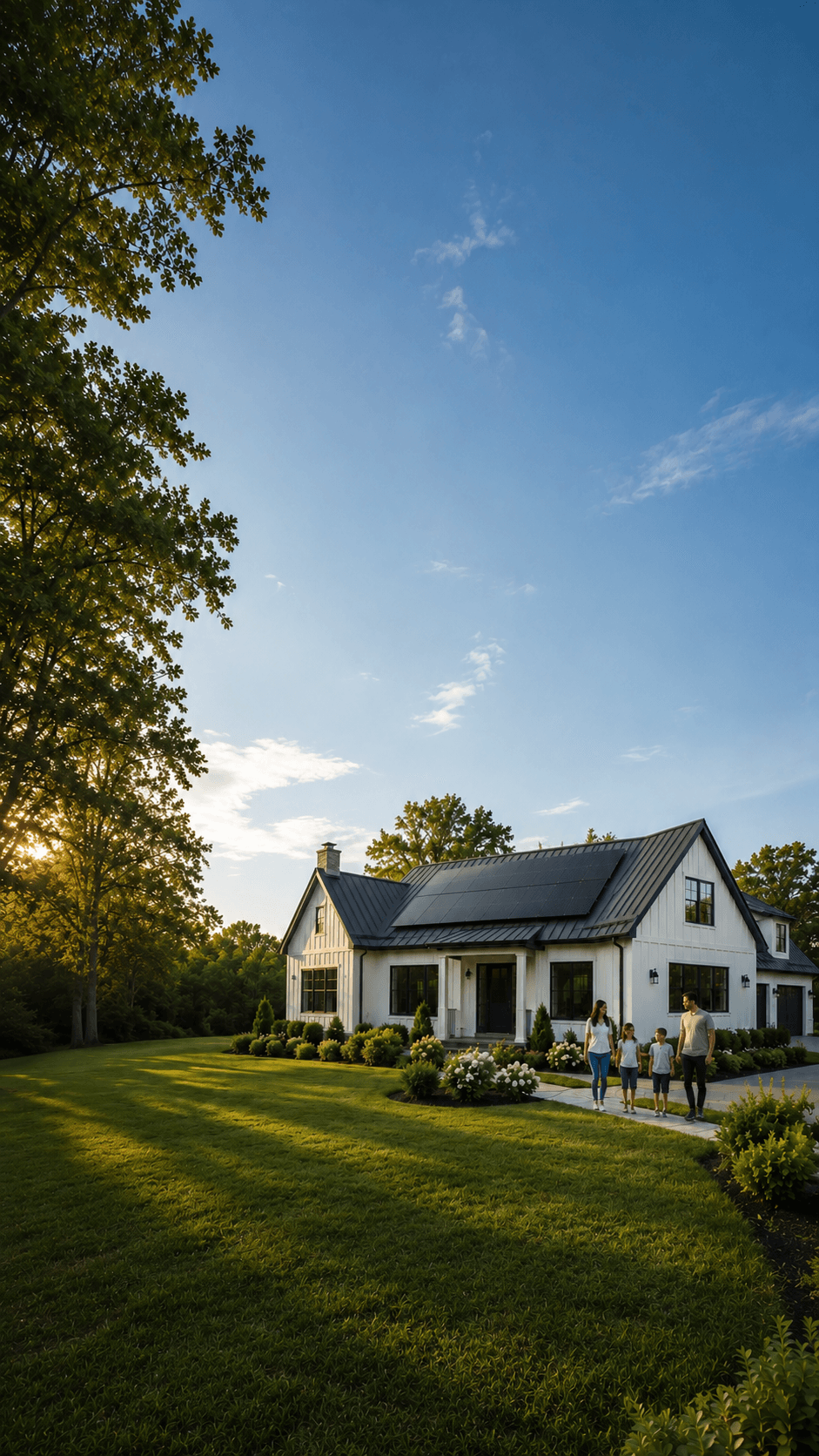 Family walking in front of home with solar