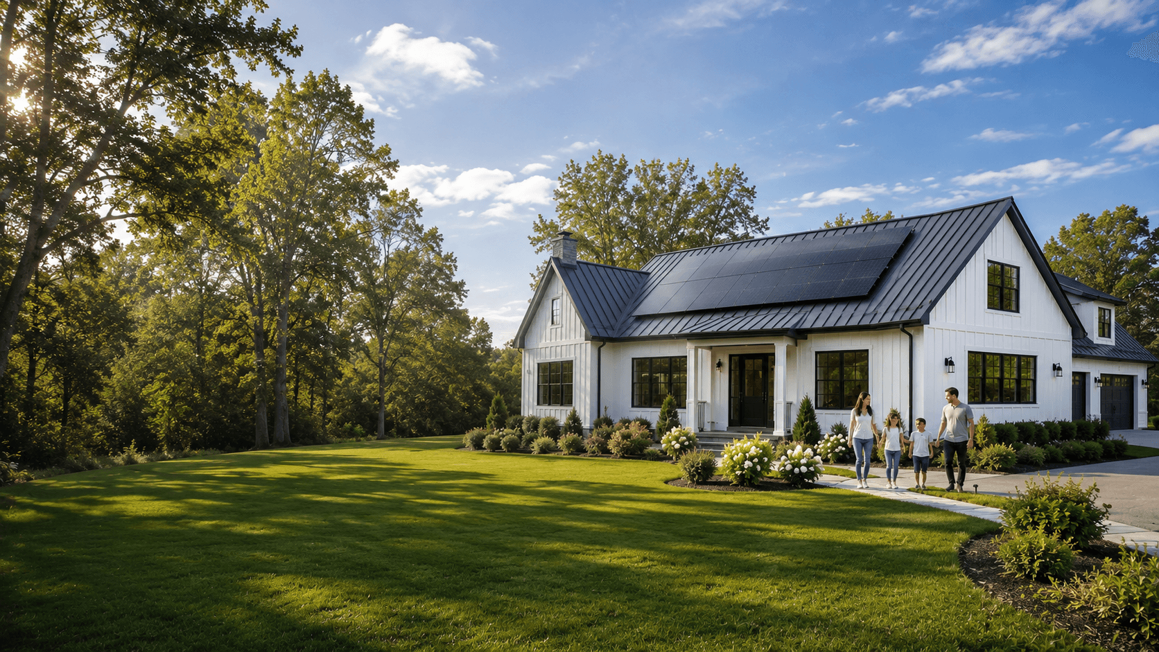Family walking in front of home with solar