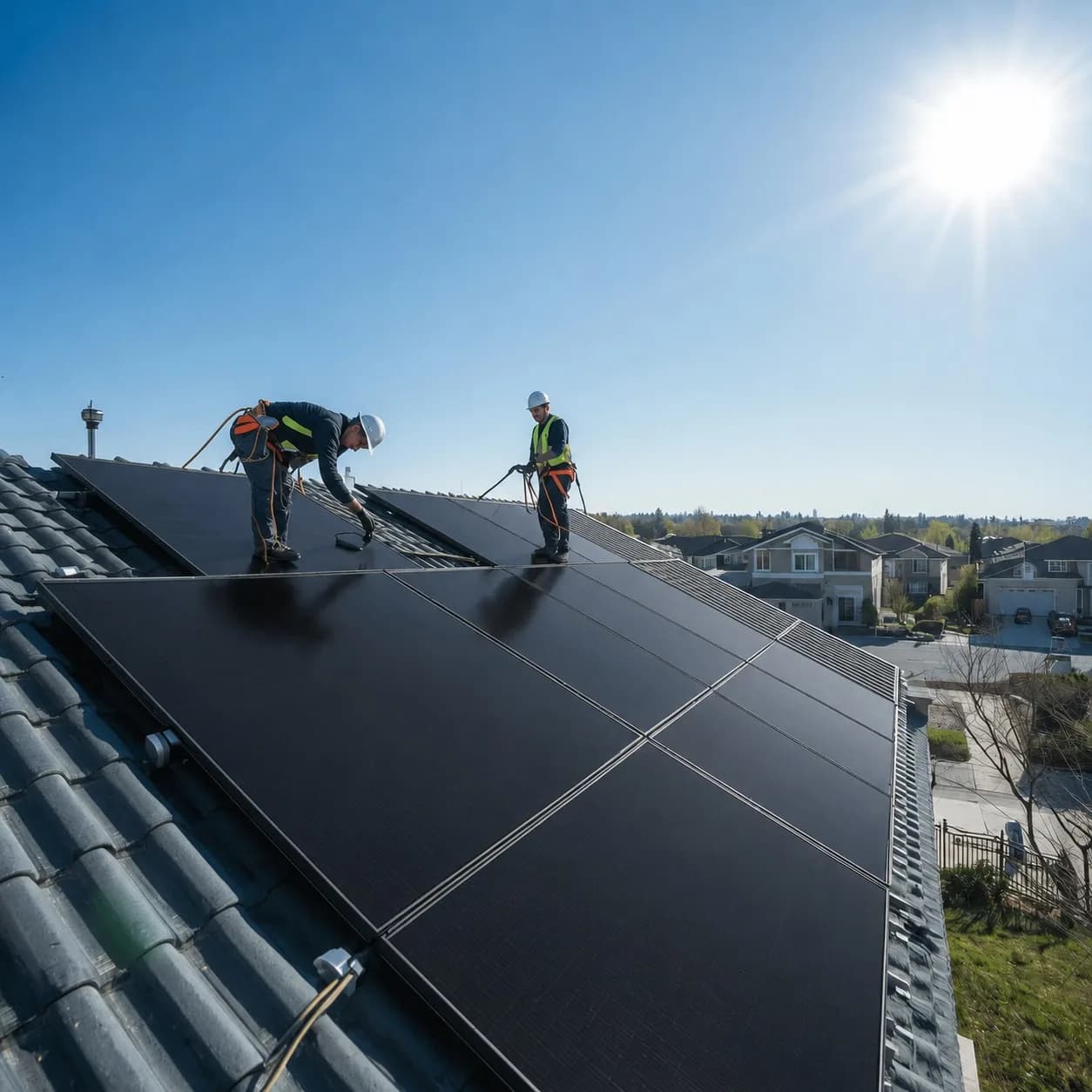 Certified installers mounting solar panels on a roof