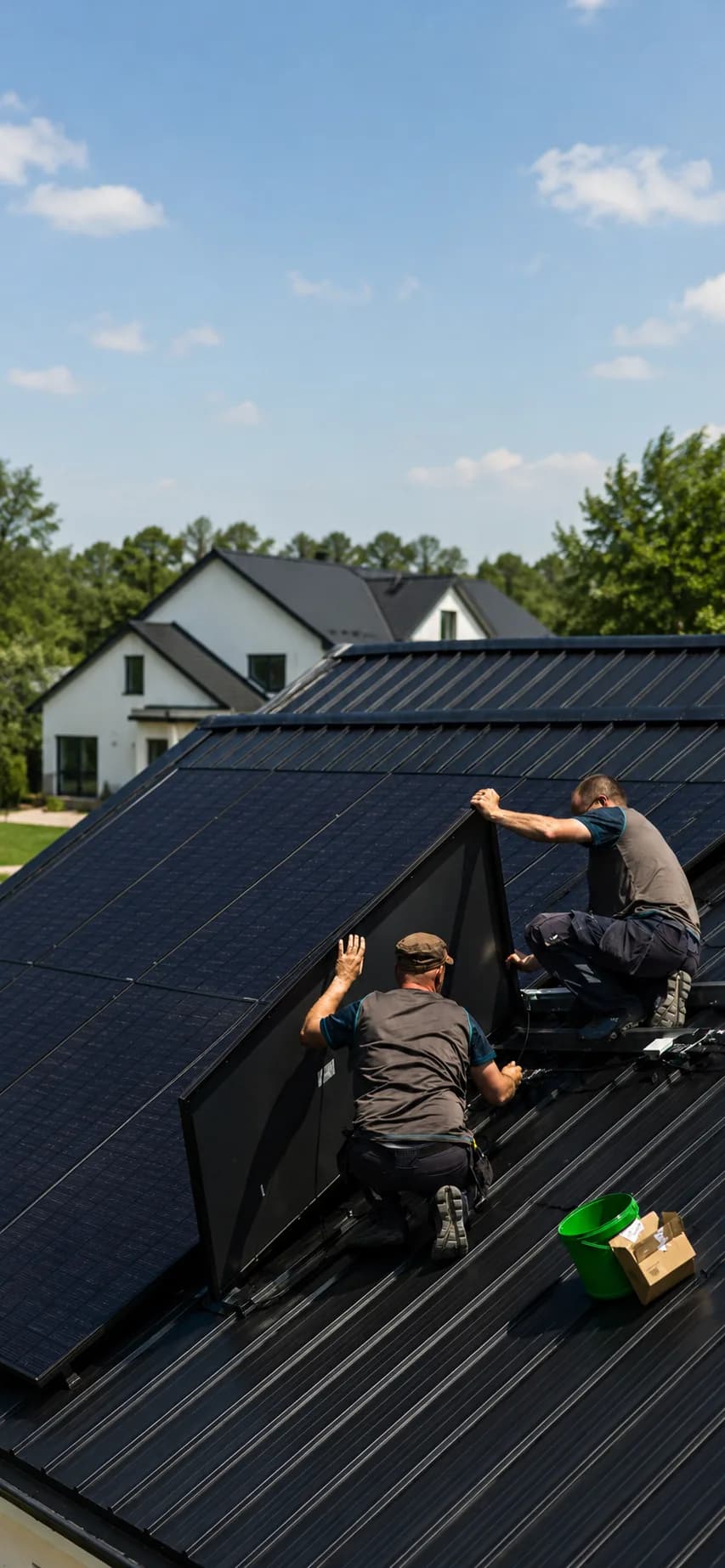 Certified installers mounting solar panels on a roof
