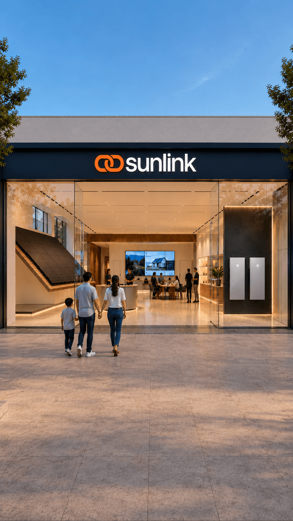 Sunlink storefront with solar panel and Tesla Powerwall displays