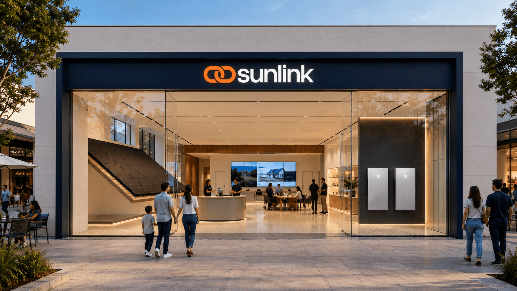 Sunlink storefront with solar panel and Tesla Powerwall displays