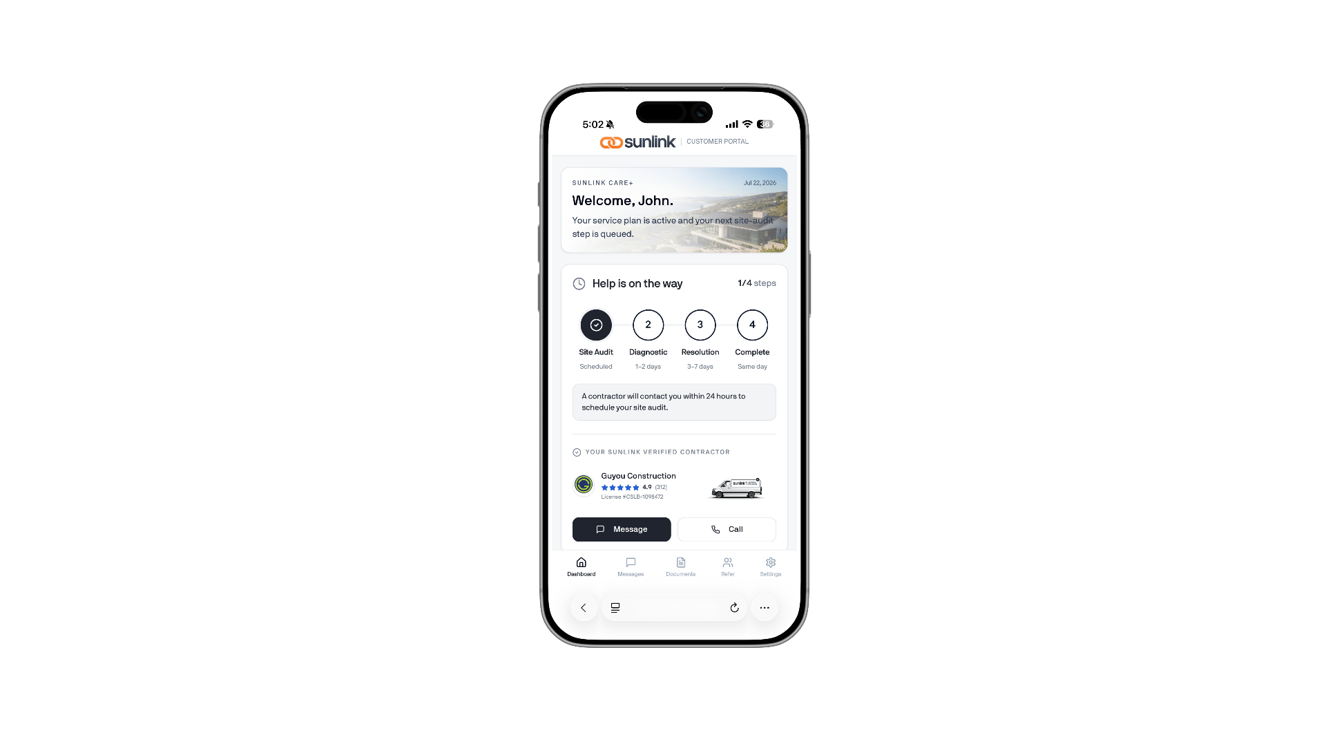 Sunlink Care+ customer portal on iPhone