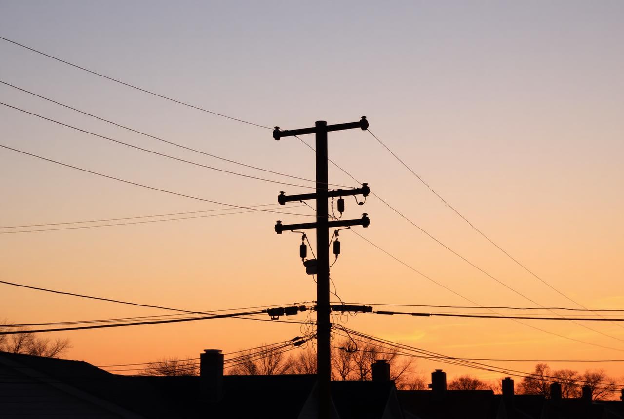 Utility power lines at sunset above a neighborhood