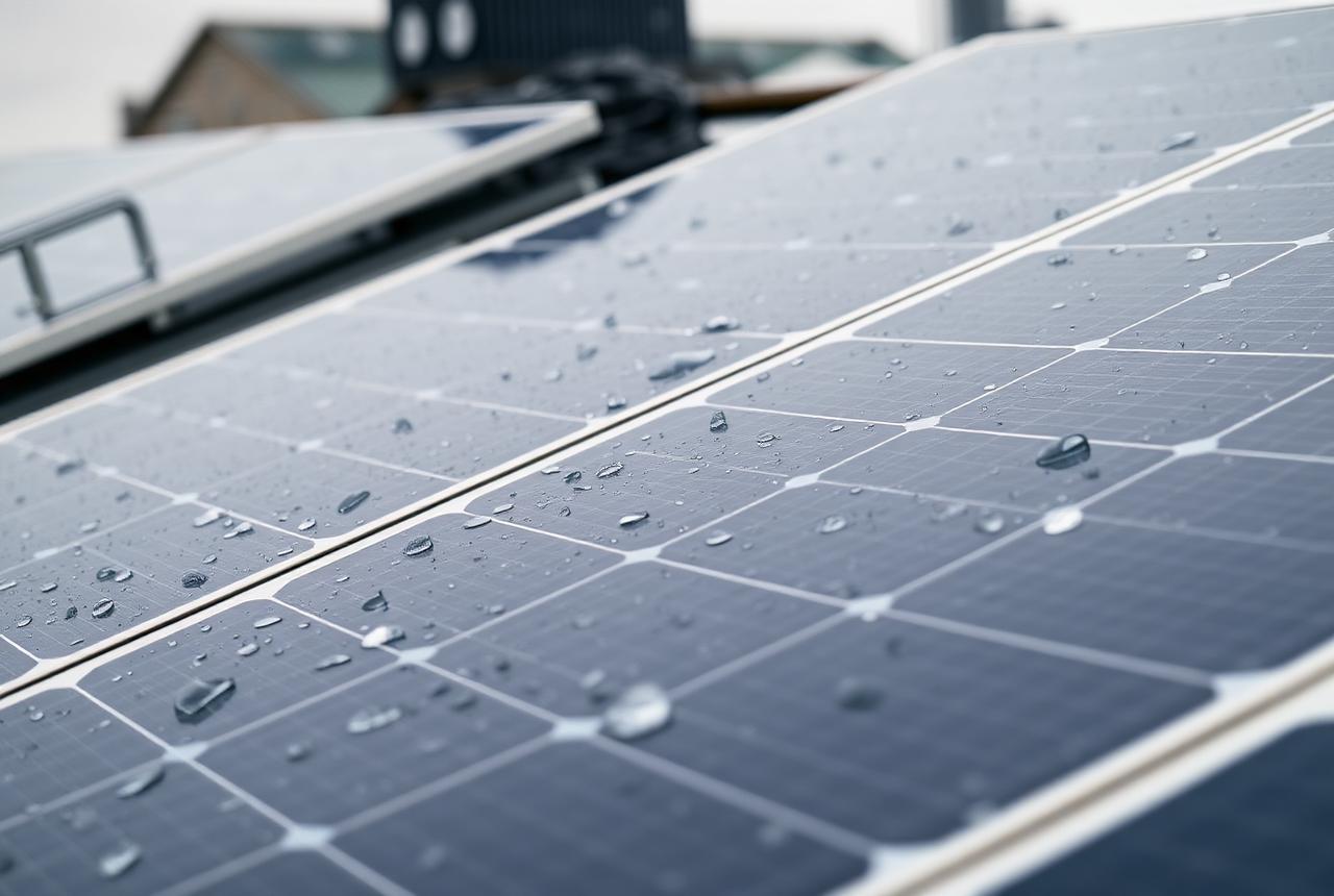 Rain washing clean solar panels on a roof