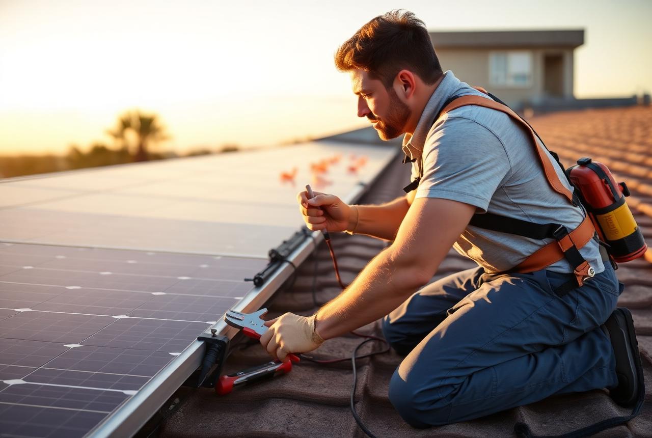 Local technician servicing a rooftop solar system
