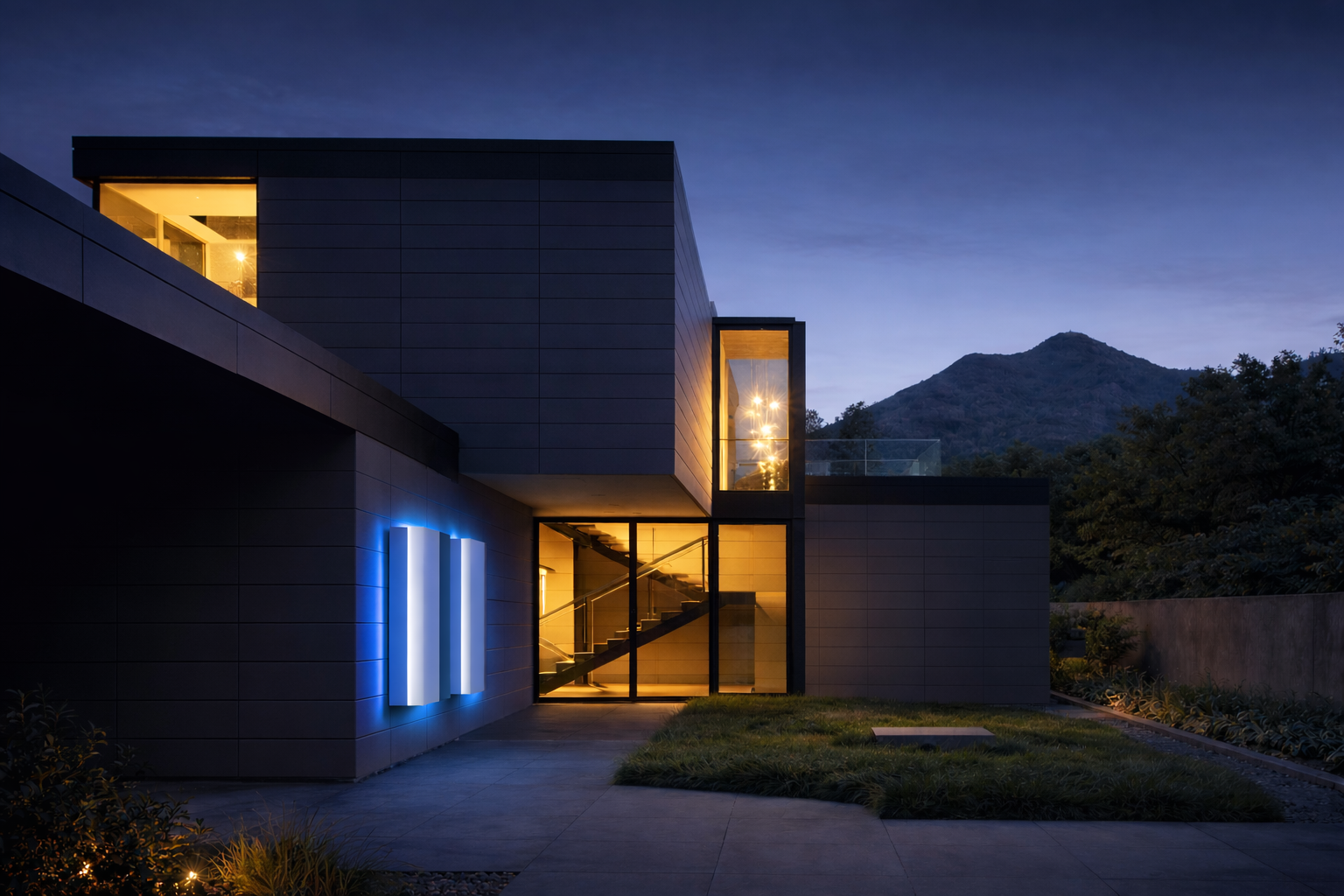 Modern home with battery storage at night