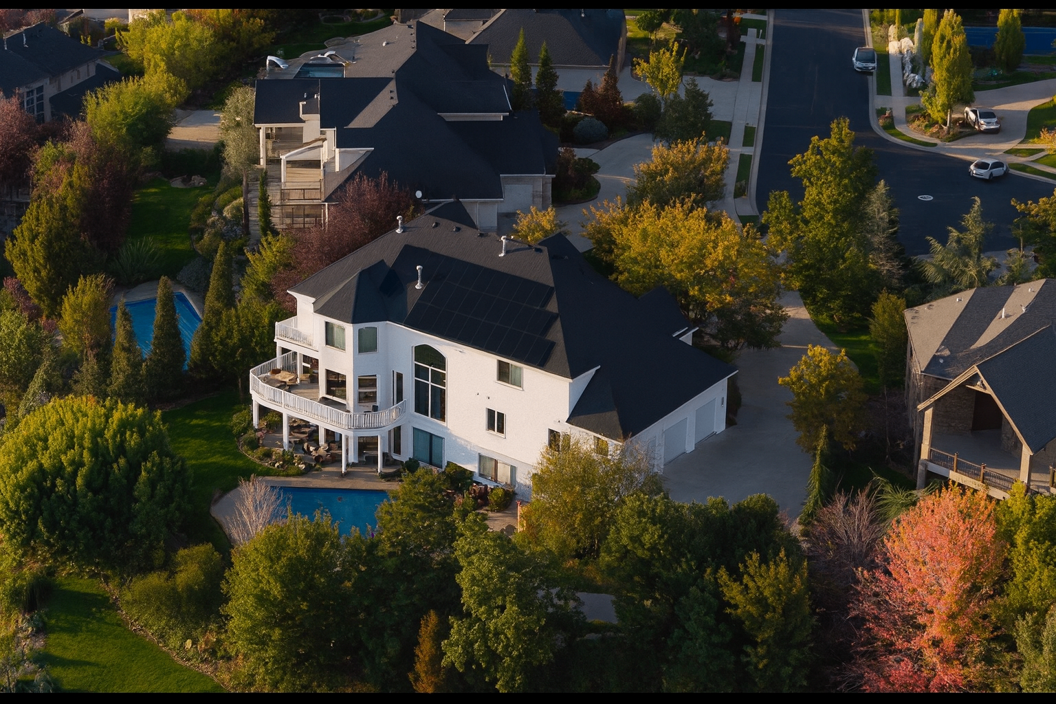 Aerial view of home with solar panels