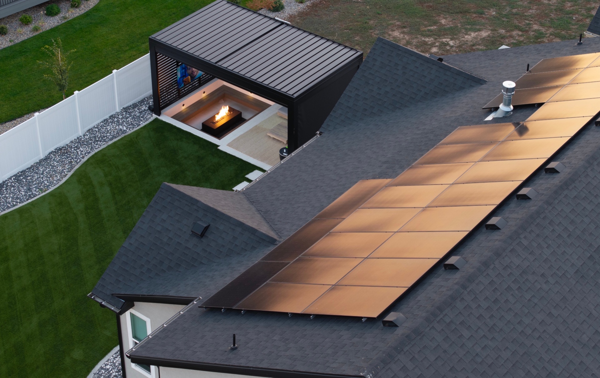 Aerial view of solar panels on roof